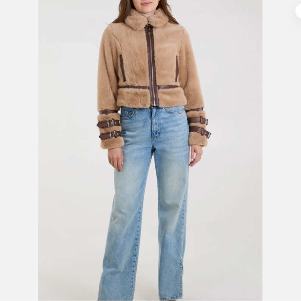 QED London - Light Brown Faux Fur PU Buckle Detail Coat